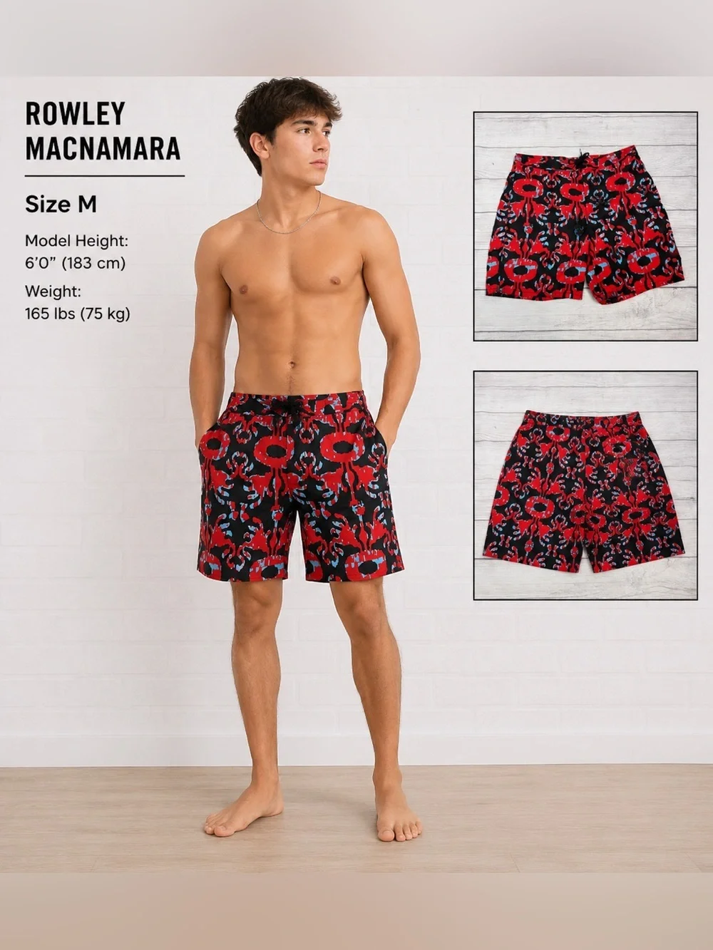 Rowley Macnamara Red Black Crab Print Swim Trunks Board Shorts Size M